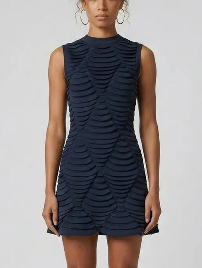 Textured Wave Knit Mini Dress - Small / Navy - Dresses
