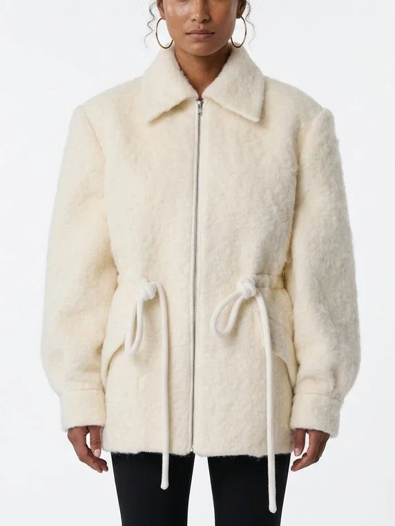 Textured Zip Front Jacket with Adjustable Drawstring Waist - Small / Cream - Jackets