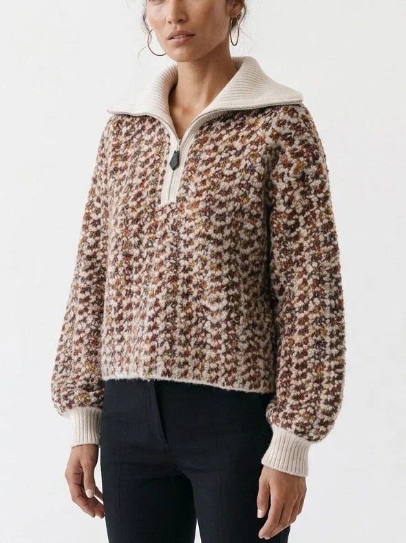 Textured Bouclé Knit Zip Sweater with Wide Collar - Sweaters & Knitwear
