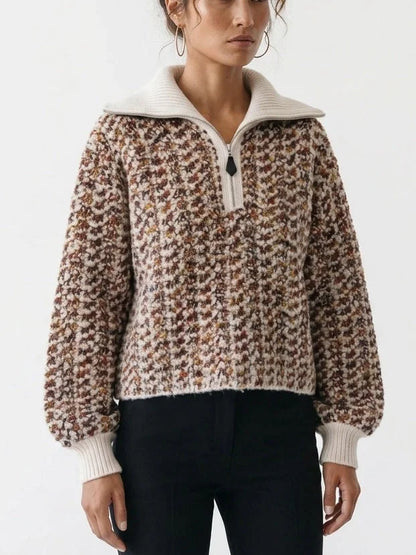 Textured Bouclé Knit Zip Sweater with Wide Collar - Sweaters & Knitwear