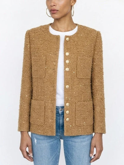 Textured Camel Bouclé Tweed Jacket with Gold Buttons - Jackets