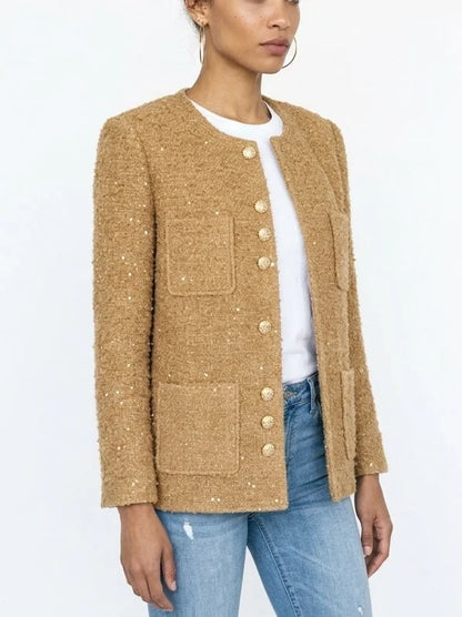 Textured Camel Bouclé Tweed Jacket with Gold Buttons - Jackets