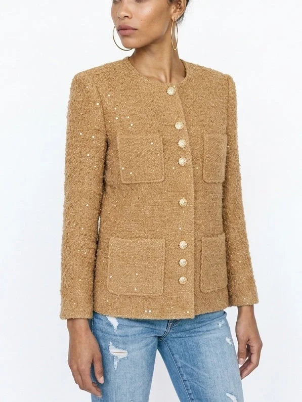 Textured Camel Bouclé Tweed Jacket with Gold Buttons - Jackets