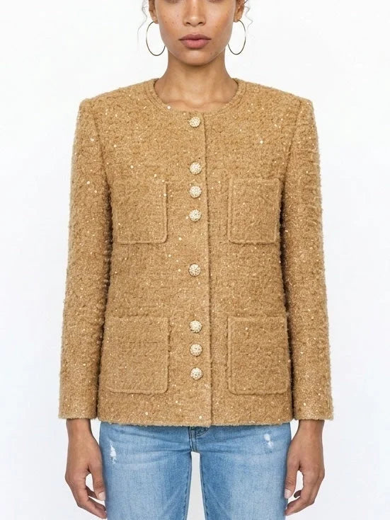Textured Camel Bouclé Tweed Jacket with Gold Buttons - Jackets