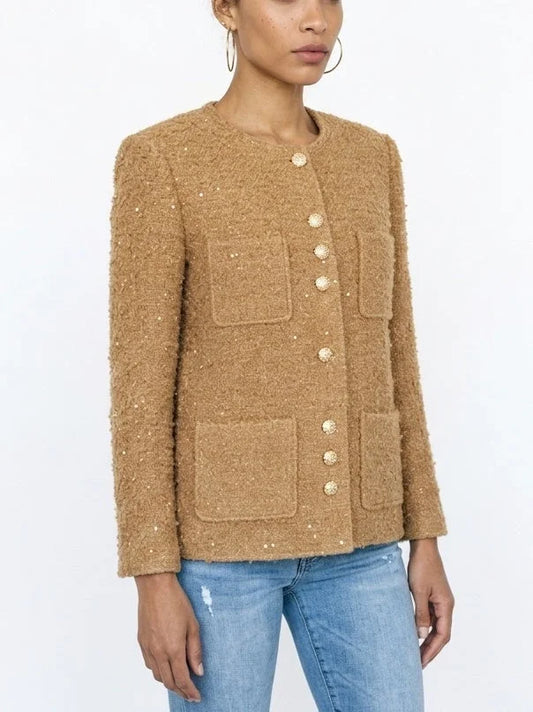 Textured Camel Bouclé Tweed Jacket with Gold Buttons - Jackets