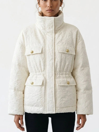 Textured Floral Puffer Jacket with Gold Button Pockets - S / White - Jackets