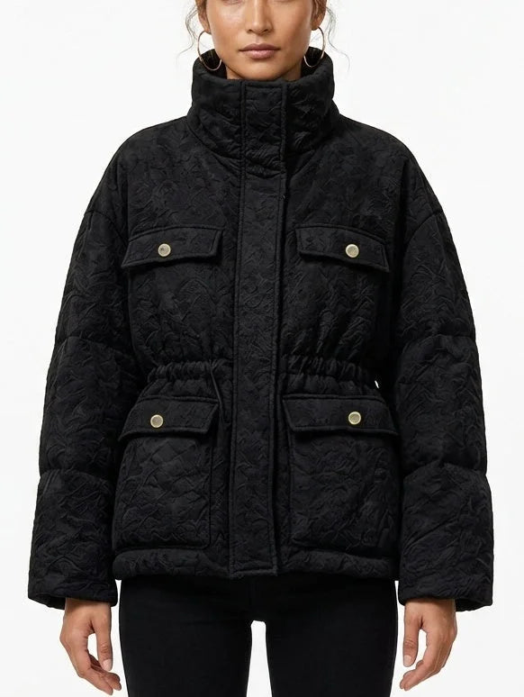 Textured Floral Puffer Jacket with Gold Button Pockets - Jackets