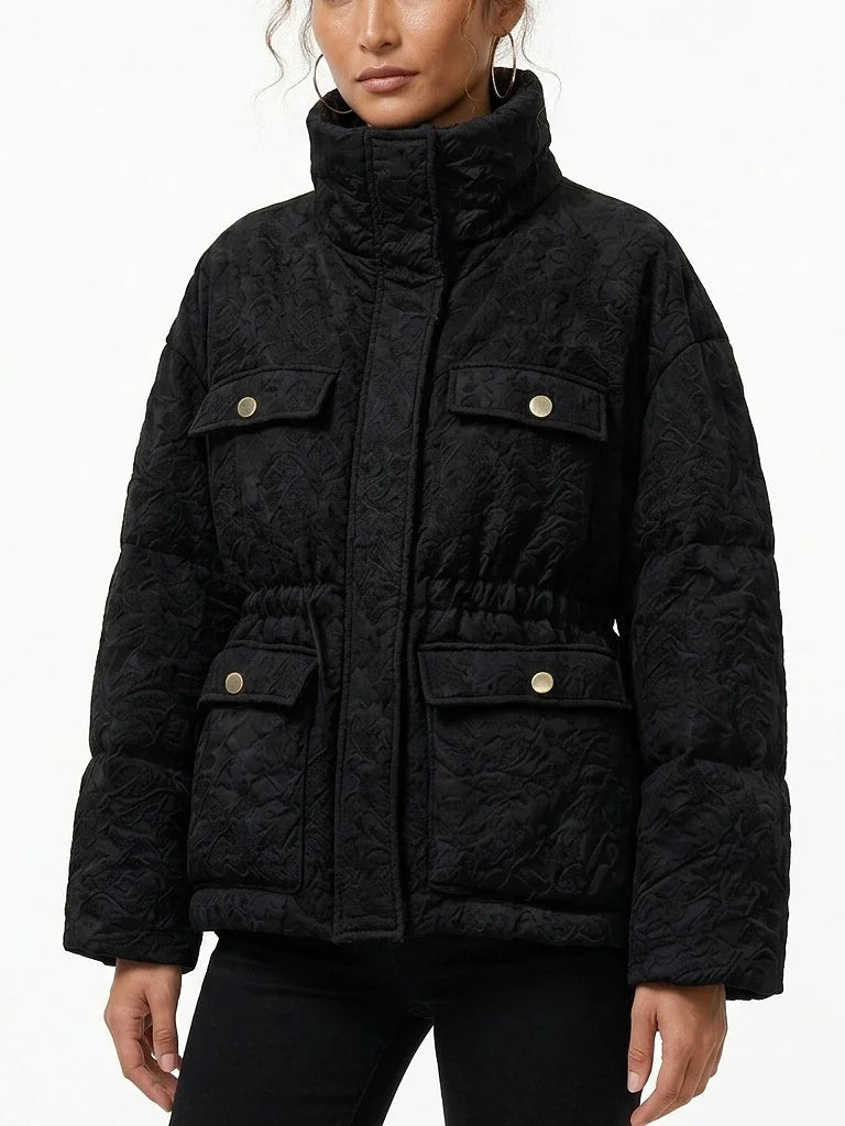 Textured Floral Puffer Jacket with Gold Button Pockets - Jackets