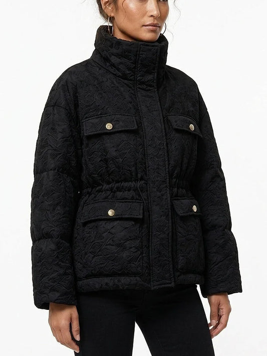 Textured Floral Puffer Jacket with Gold Button Pockets - Jackets