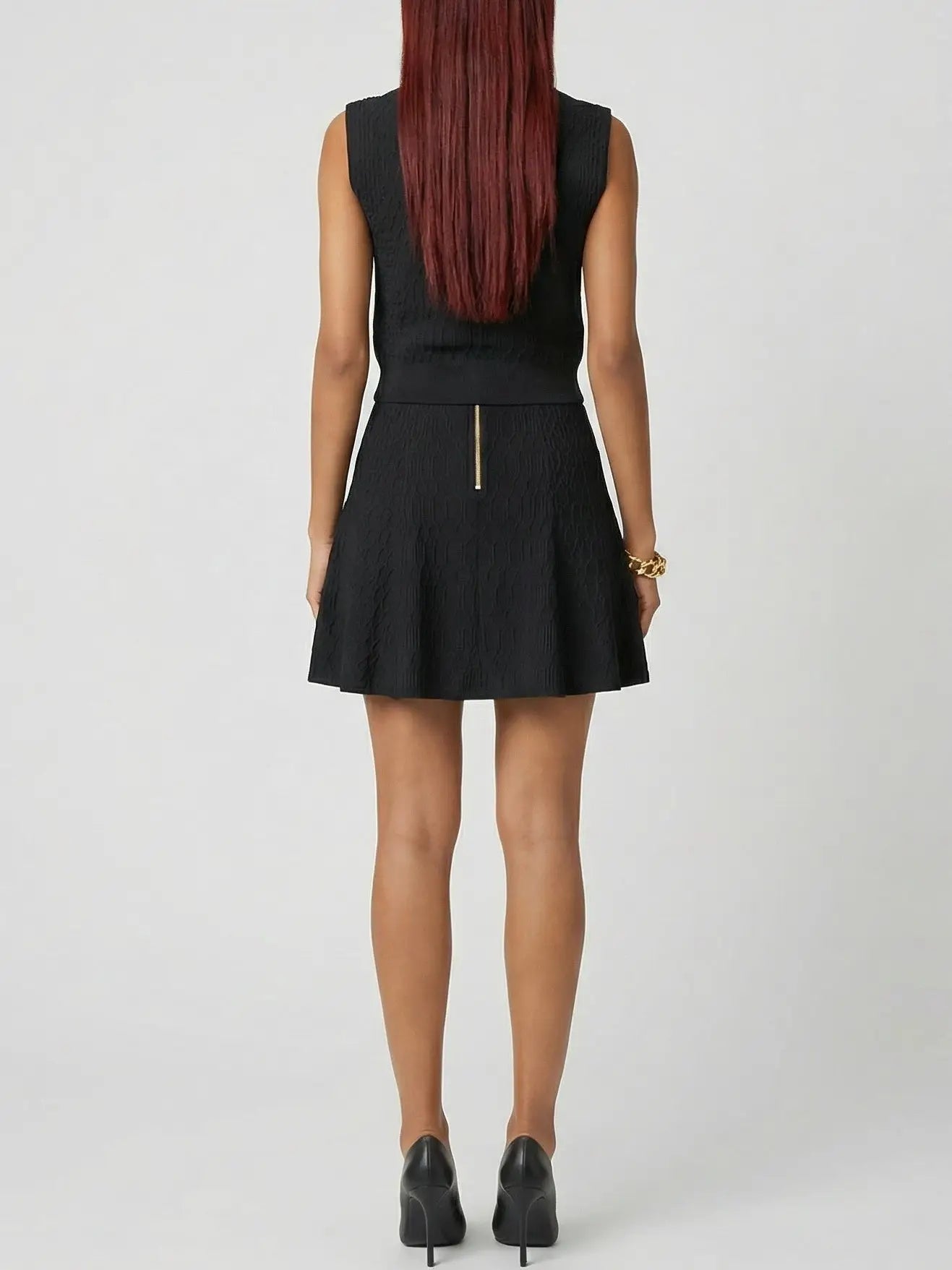 Textured Knit Zip-Front Top and A-Line Mini Skirt Set - Suits & Sets