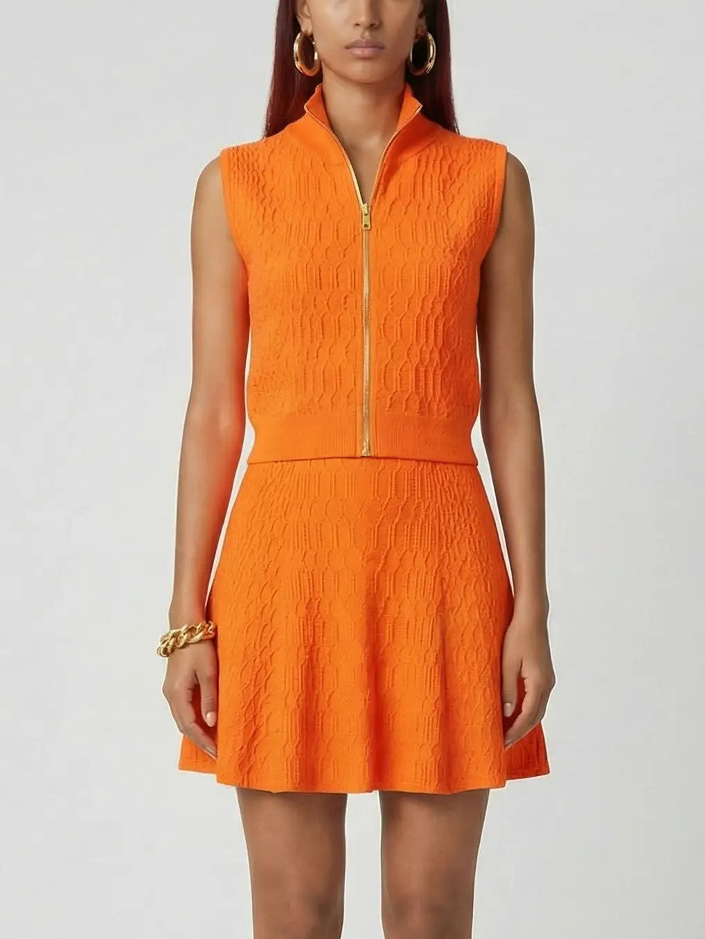 Textured Knit Zip-Front Top and A-Line Mini Skirt Set - S / Orange - Suits & Sets
