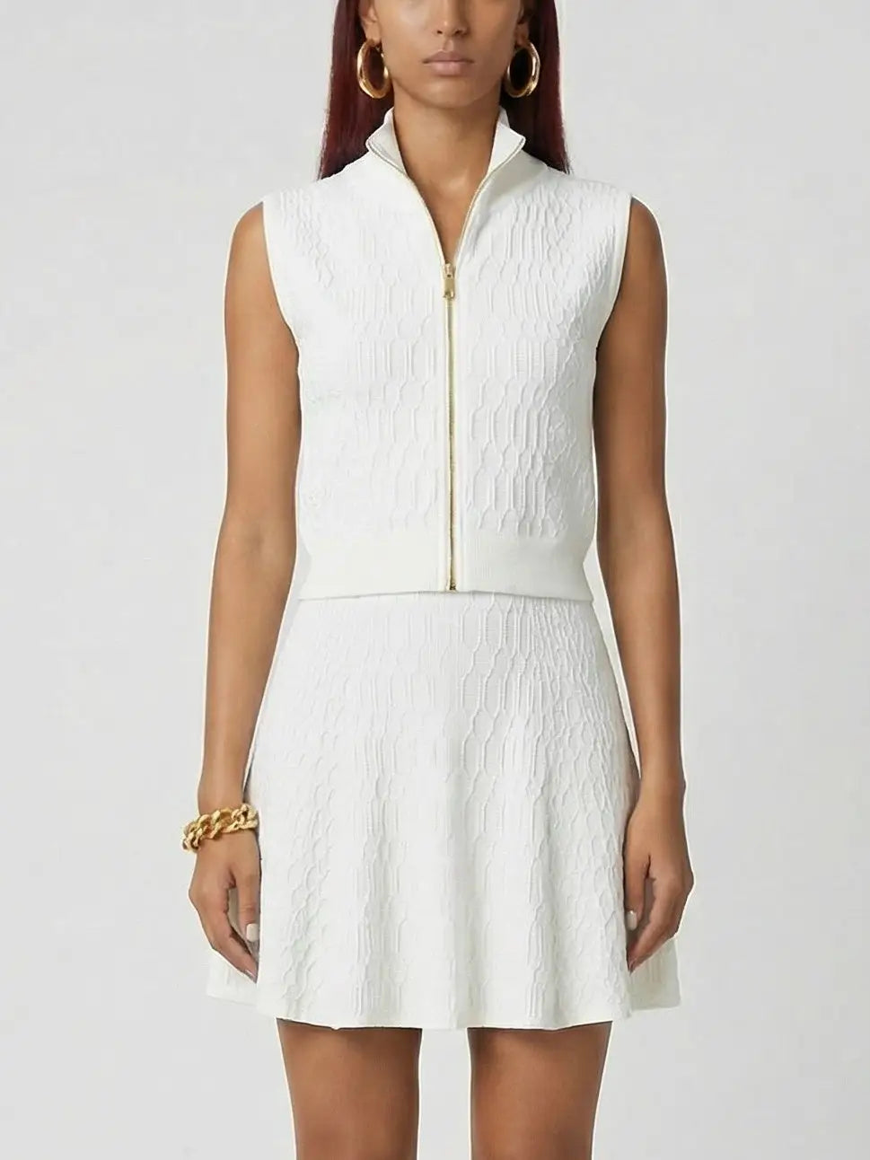 Textured Knit Zip-Front Top and A-Line Mini Skirt Set - S / White - Suits & Sets