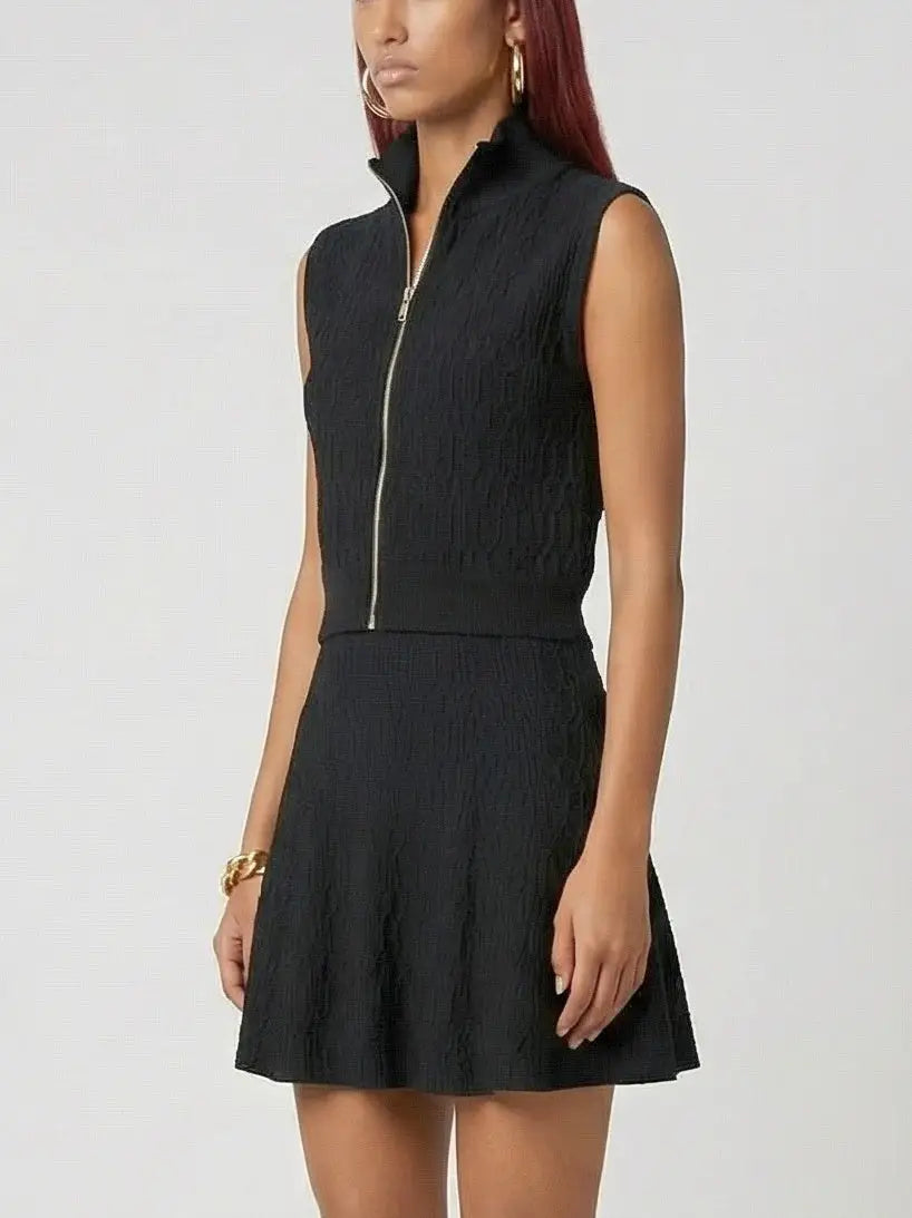 Textured Knit Zip-Front Top and A-Line Mini Skirt Set - Suits & Sets