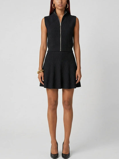 Textured Knit Zip-Front Top and A-Line Mini Skirt Set - Suits & Sets