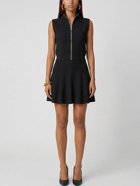 Textured Knit Zip-Front Top and A-Line Mini Skirt Set - Suits & Sets