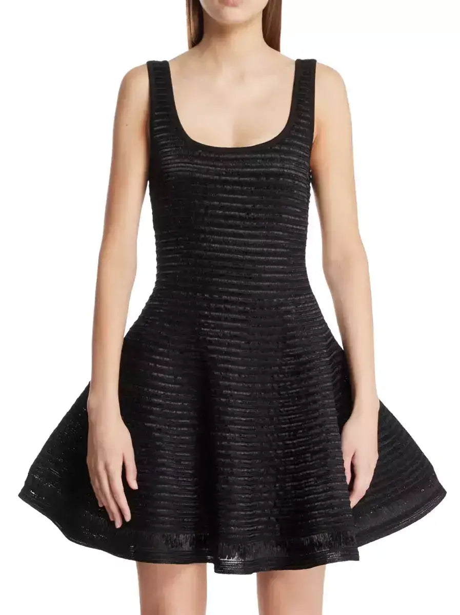 Textured Sleeveless Knit Flared Mini Dress - S / Black - Dresses