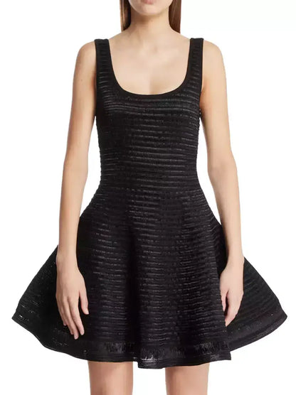 Textured Sleeveless Knit Flared Mini Dress - S / Black - Dresses