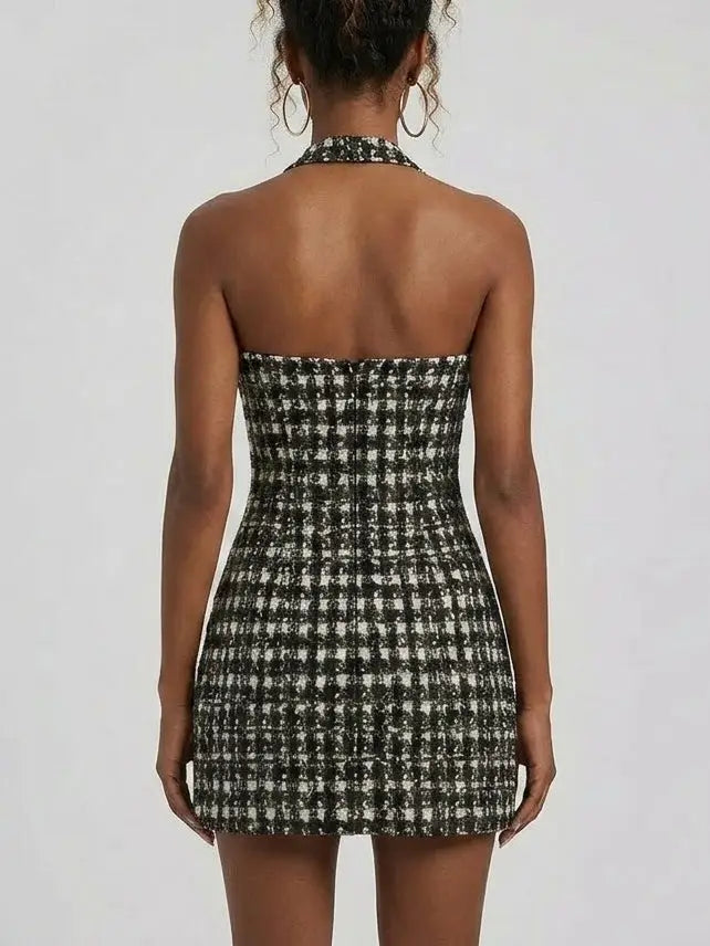 Textured Tweed Halter Mini Dress with Gold Buttons - Dresses