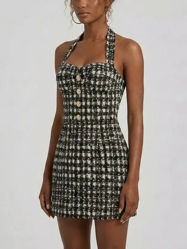 Textured Tweed Halter Mini Dress with Gold Buttons - Dresses