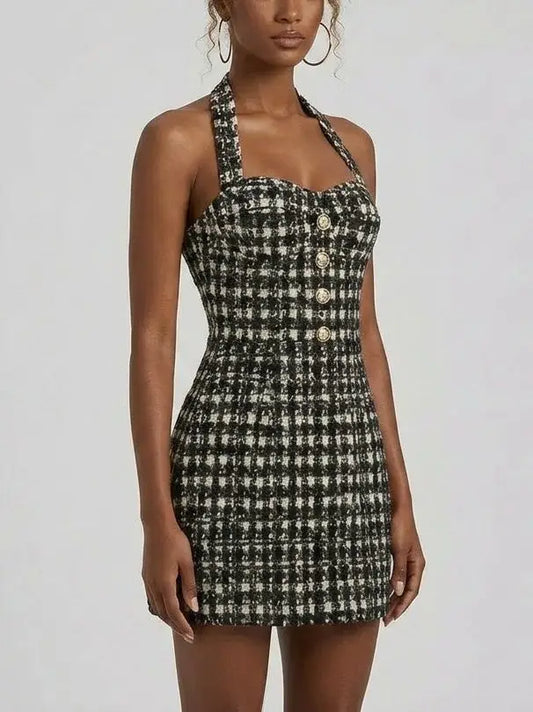 Textured Tweed Halter Mini Dress with Gold Buttons - Dresses