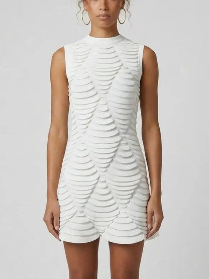 Textured Wave Knit Mini Dress - Small / White - Dresses