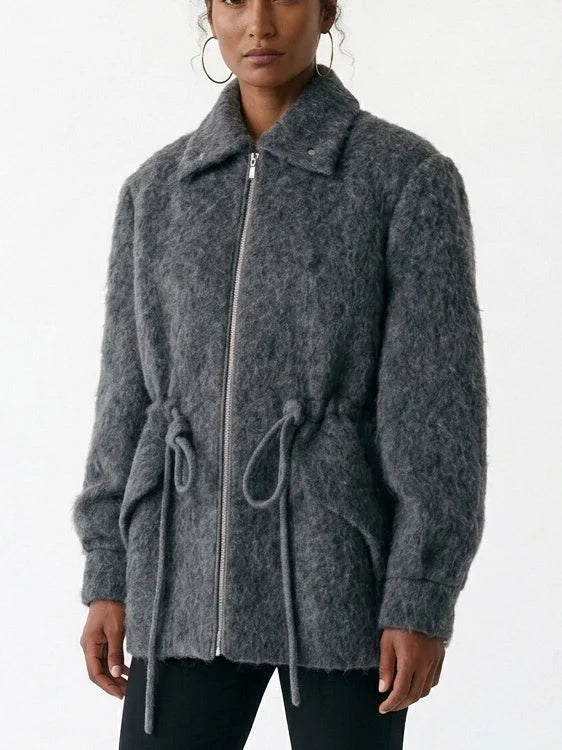 Textured Zip Front Jacket with Adjustable Drawstring Waist - Jackets
