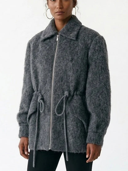 Textured Zip Front Jacket with Adjustable Drawstring Waist - Jackets