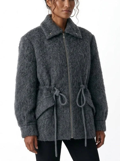 Textured Zip Front Jacket with Adjustable Drawstring Waist - Jackets