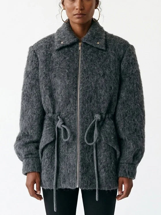 Textured Zip Front Jacket with Adjustable Drawstring Waist - Small / Dark Grey - Jackets