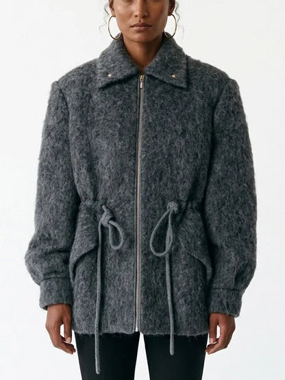 Textured Zip Front Jacket with Adjustable Drawstring Waist - Small / Dark Grey - Jackets