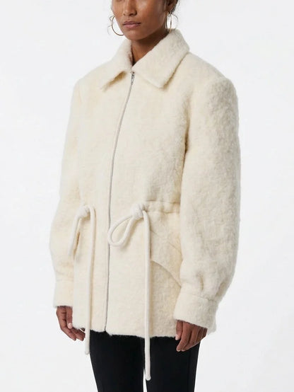 Textured Zip Front Jacket with Adjustable Drawstring Waist - Jackets