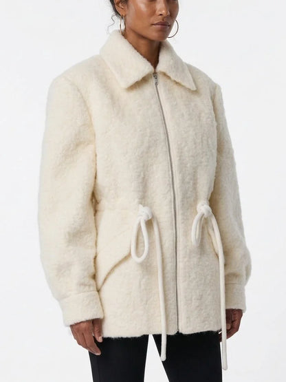 Textured Zip Front Jacket with Adjustable Drawstring Waist - Jackets