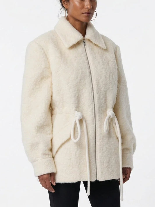 Textured Zip Front Jacket with Adjustable Drawstring Waist - Jackets