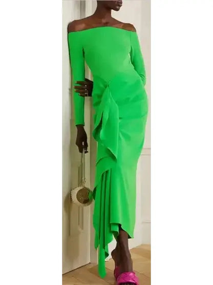 The Lotus Midaxi Ruffle Draped Dress in Green - Branna Couture