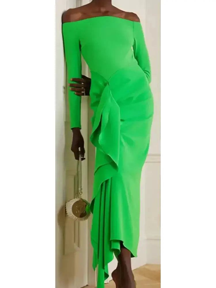 The Lotus Midaxi Ruffle Draped Dress in Green - Branna Couture