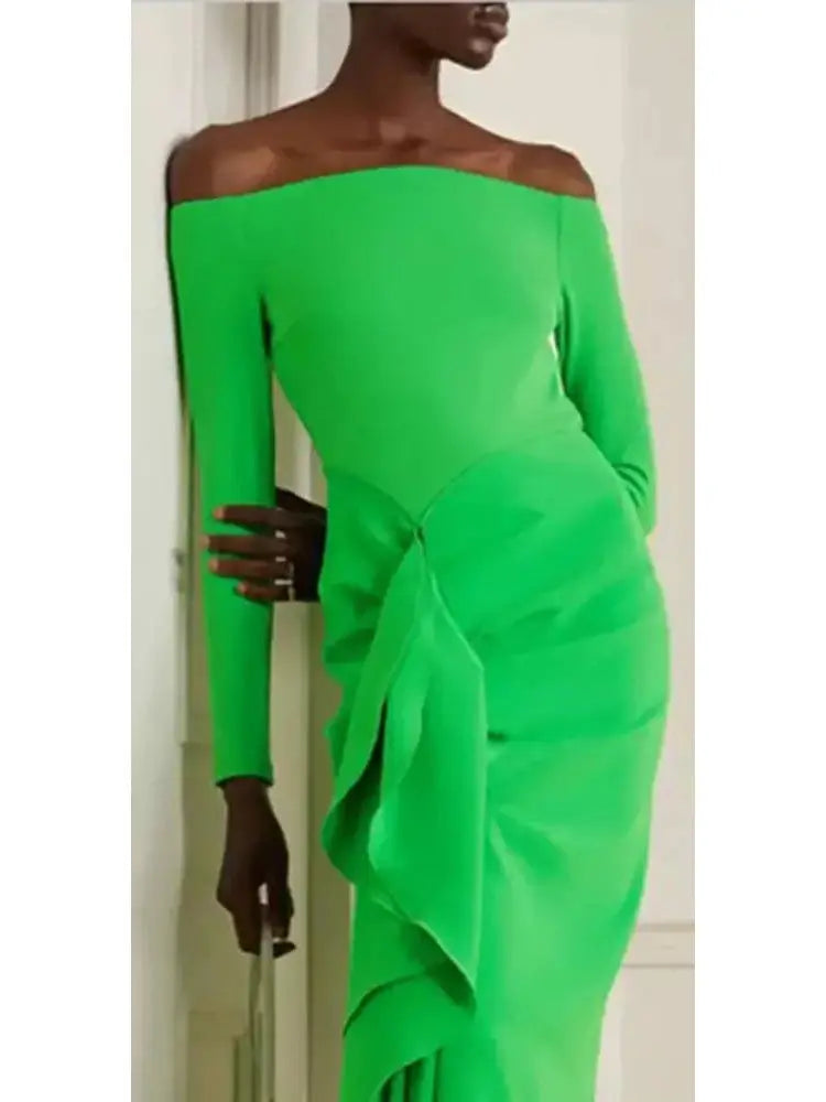 The Lotus Midaxi Ruffle Draped Dress in Green - Branna Couture