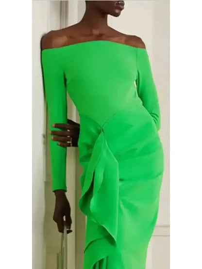 The Lotus Midaxi Ruffle Draped Dress in Green - Branna Couture