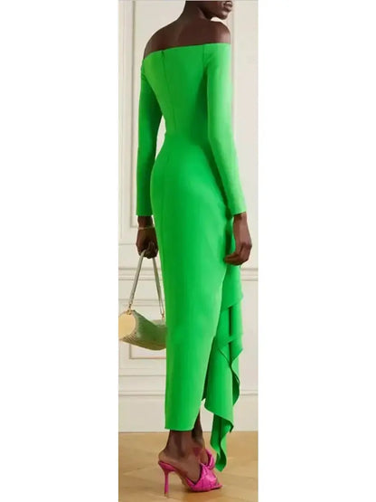 The Lotus Midaxi Ruffle Draped Dress in Green - Branna Couture