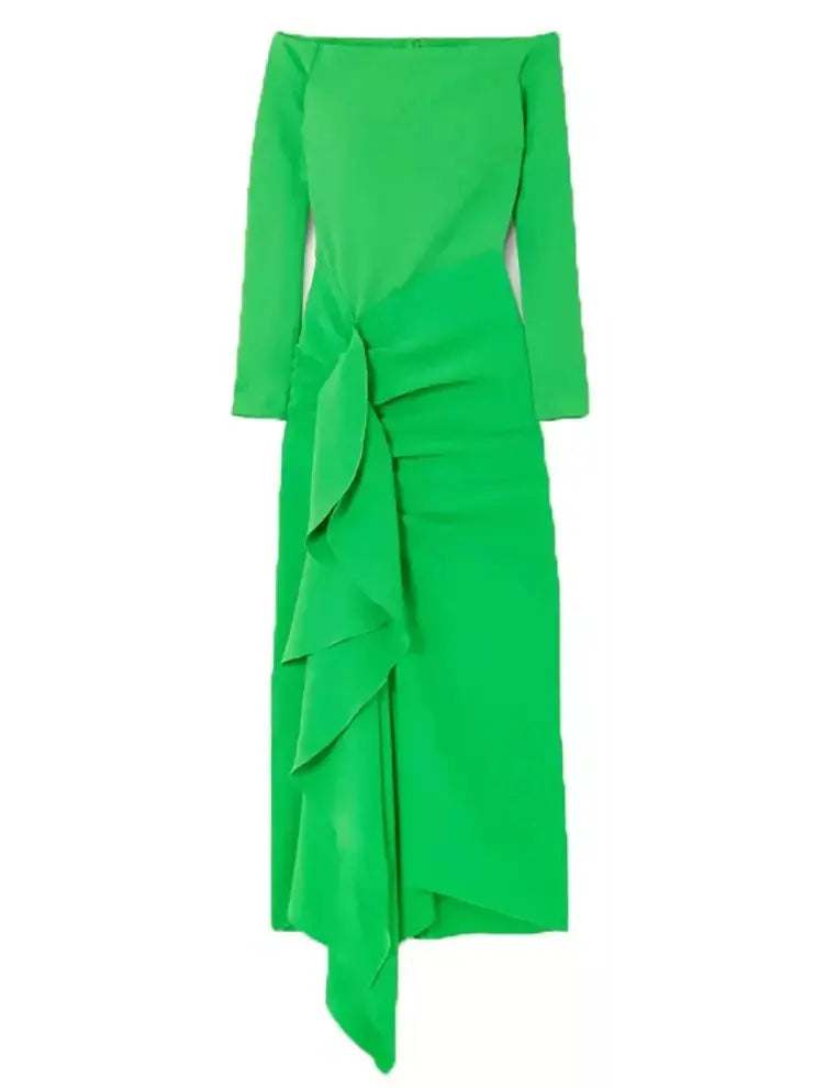 The Lotus Midaxi Ruffle Draped Dress in Green - Branna Couture