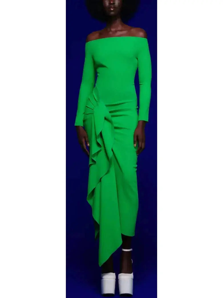 The Lotus Midaxi Ruffle Draped Dress in Green - Branna Couture