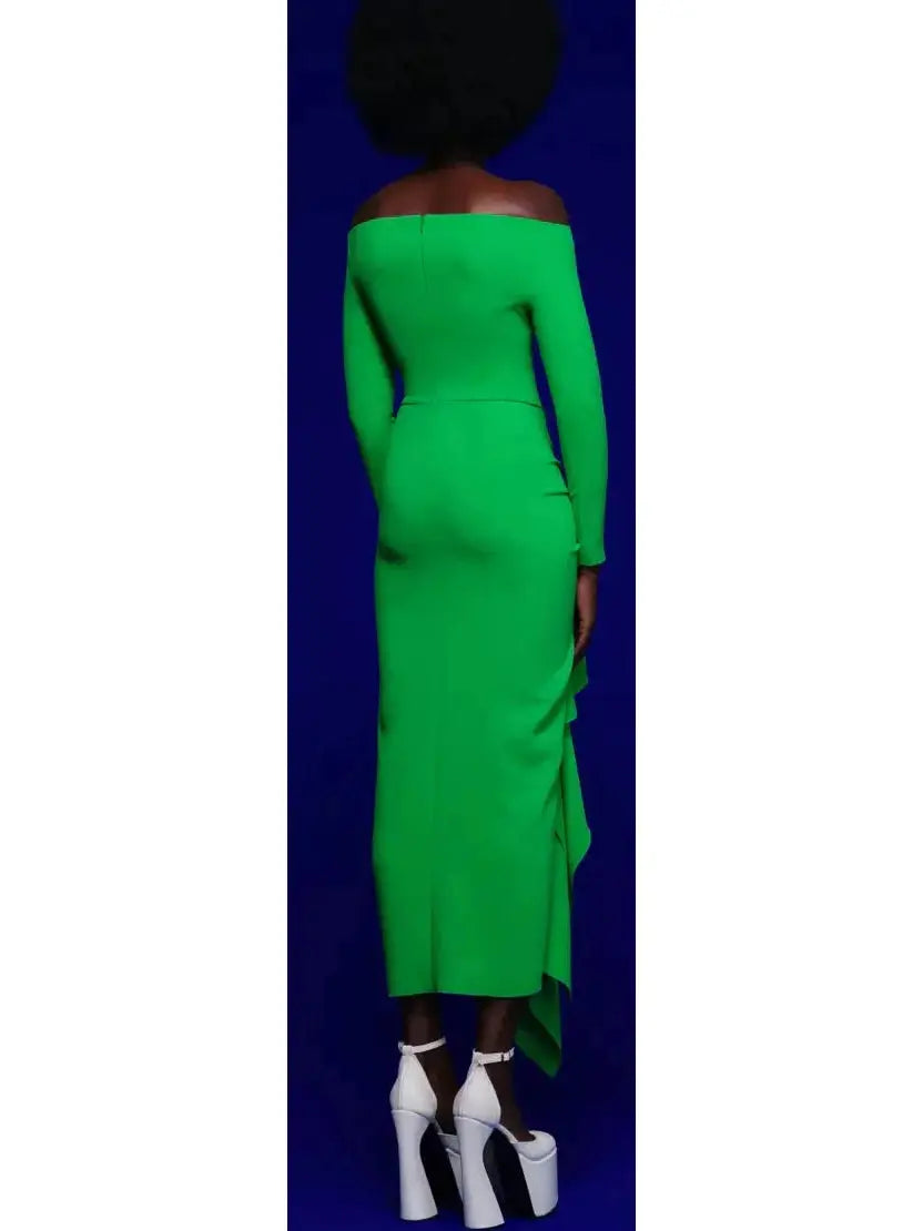 The Lotus Midaxi Ruffle Draped Dress in Green - Branna Couture