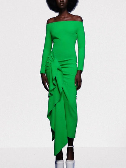 The Lotus Midaxi Ruffle Draped Dress in Green - Dresses