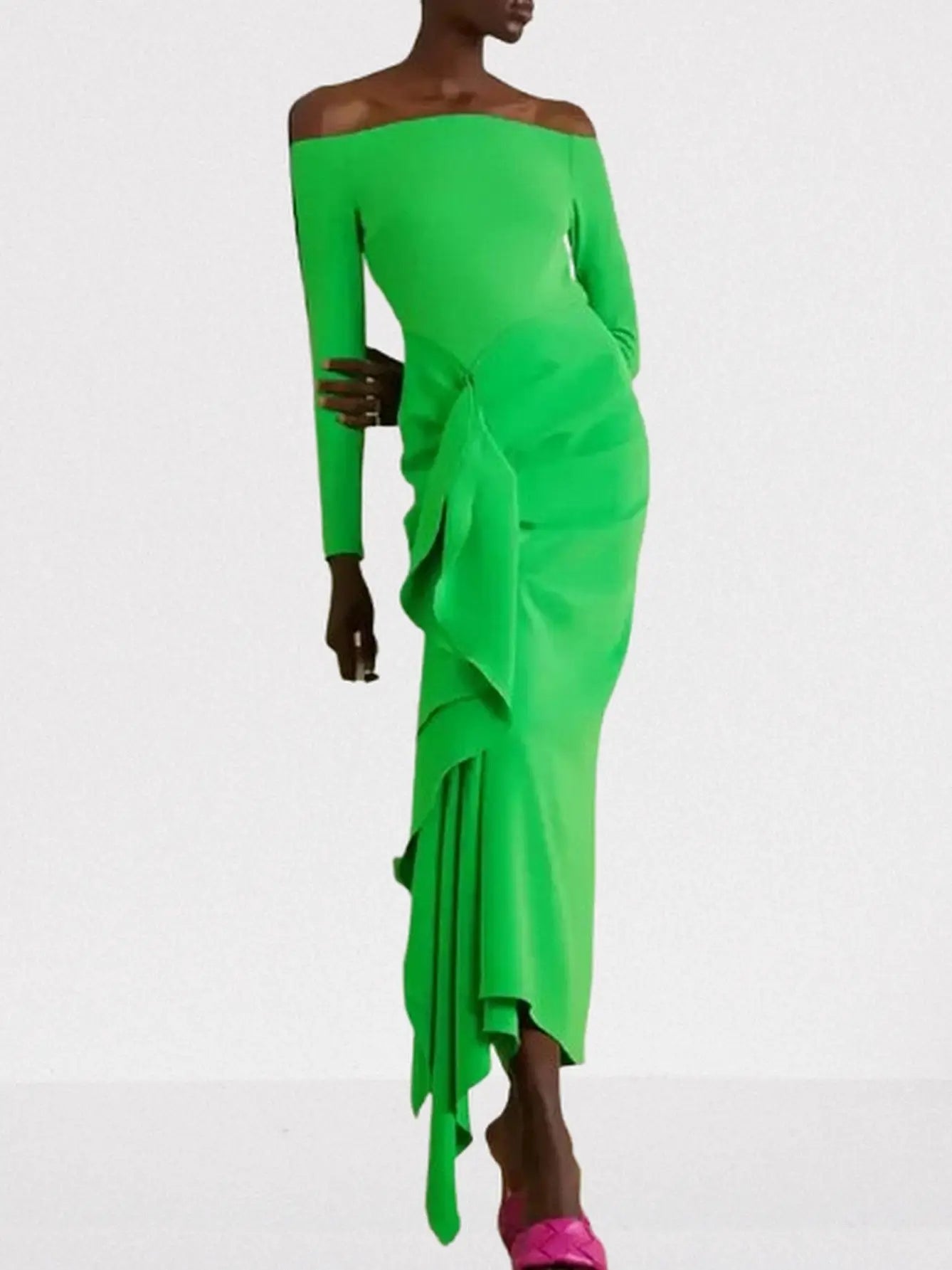 The Lotus Midaxi Ruffle Draped Dress in Green - Dresses
