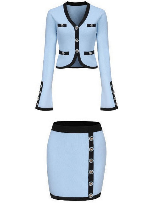 Three-Piece Knit Cardigan, Top and Skirt Set in Blue with Black Trim - Branna Couture