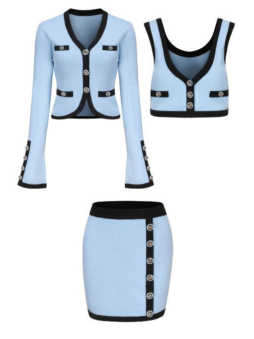 Three-Piece Knit Cardigan, Top and Skirt Set in Blue with Black Trim - Branna Couture