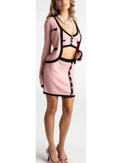 Three-Piece Knit Cardigan, Top and Skirt Set in Pink with Black Trim - Branna Couture