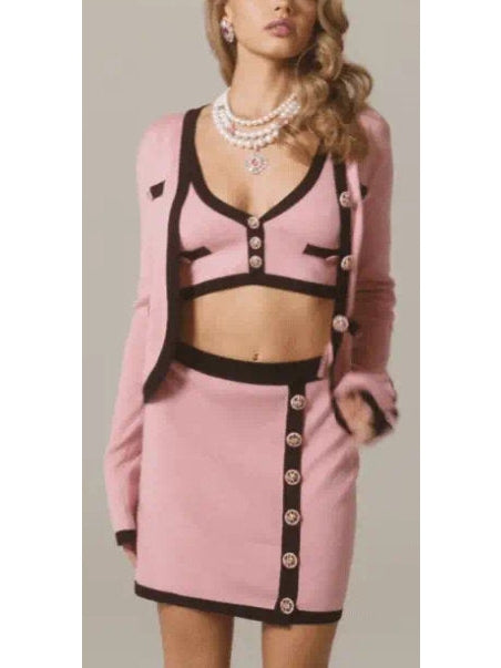 Three-Piece Knit Cardigan, Top and Skirt Set in Pink with Black Trim - Branna Couture