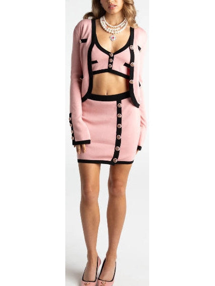 Three-Piece Knit Cardigan, Top and Skirt Set in Pink with Black Trim - Branna Couture