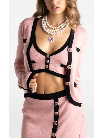 Three-Piece Knit Cardigan, Top and Skirt Set in Pink with Black Trim - Branna Couture