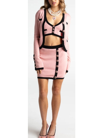 Three-Piece Knit Cardigan, Top and Skirt Set in Pink with Black Trim - Branna Couture